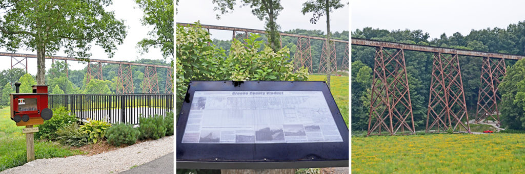 Three photos displaying various views of the Tulip Trestle Observation Deck, Informational Sign, and The Viaduct.